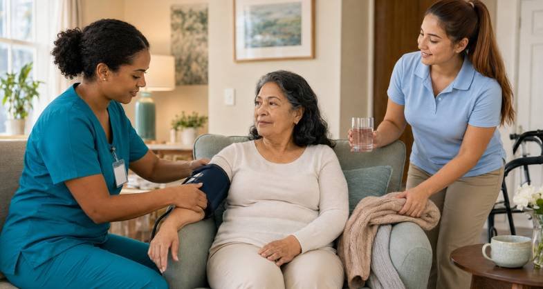 CNA controla la presión arterial mientras una caregiver brinda apoyo cotidiano a una paciente.